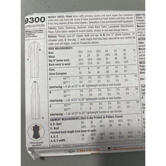 Simplicity 9300 Sewing Pattern Size A 6-16 Fitted Dresses Mandarin Collar UNCUT - Picture 4 of 6
